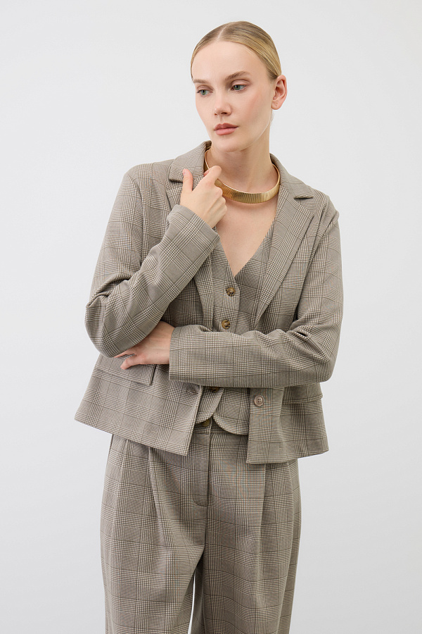 картинка жакет кремовый, клетка глен от магазина Одежда+